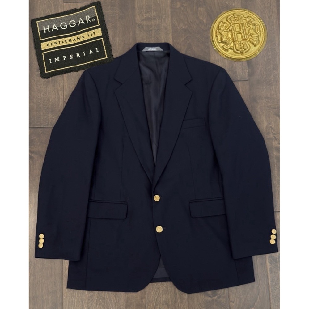 Haggar Imperial Mens Navy Blue Wool Blazer Suit Jacket Gold Buttons Size 40R USA